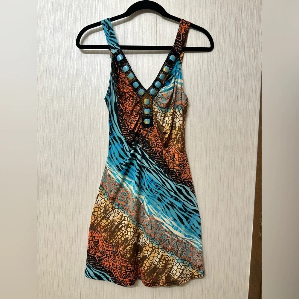 VENUS Y2K Colorful Animal Print With Iridescent Stones Vneck Front Size S - Picture 6 of 8